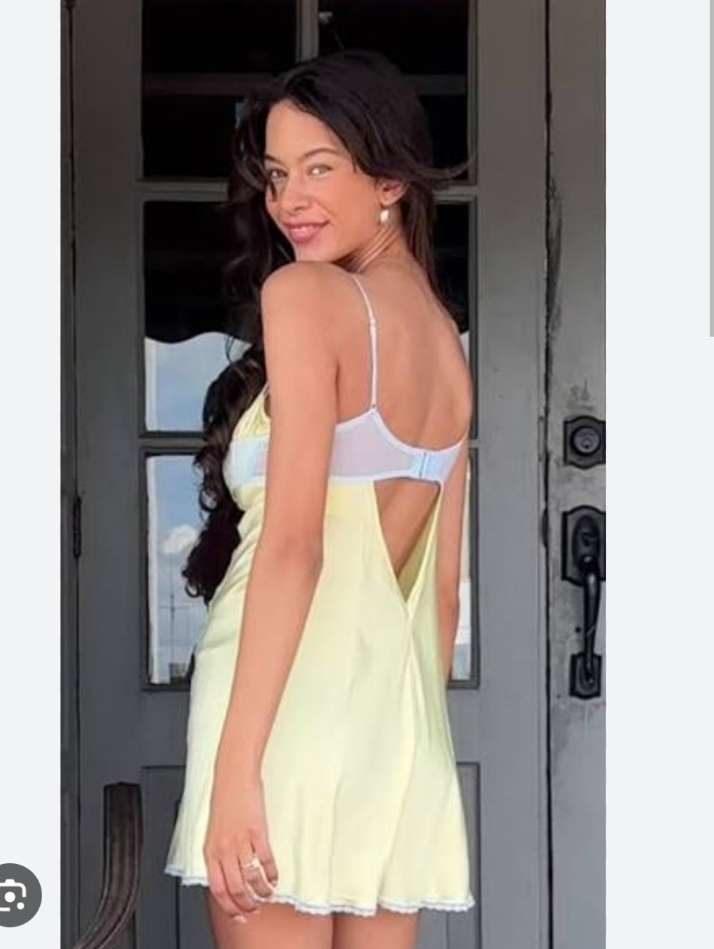 Frankie's Bikinis Yellow Satin Mini Slip Dress with Pale Blue Trim VS - Picture 4 of 8